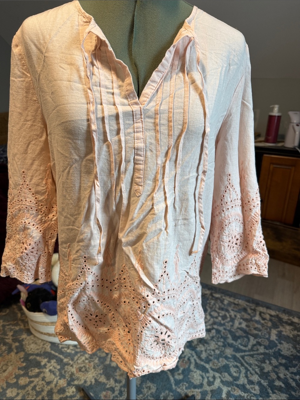 Rose & Thyme Light Pink Eyelet Peasant Tunic with Pintuck Front